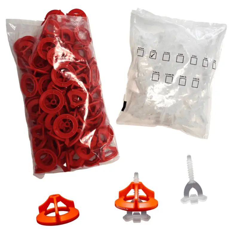 Markenware ProfiLevel Starter-Set für Nivelliersystem - Zughauben 100 Stück + Gewindelaschen 100 Stück zur ebenen Fliesenverlegung